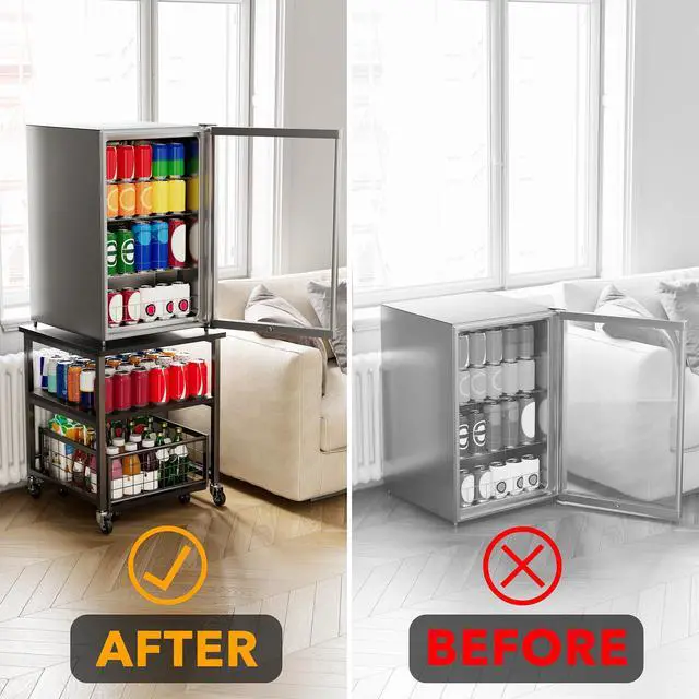 Alt view image 3 of 5 - 3 Tier Mini Fridge Stand with Storage and Wheels, Heavy Duty 19.7x19.7in Mobile Refrigerator Shelf Stand Table, Fridge Cart Organizer with Drawer Basket for Home Dorm Office (Black)