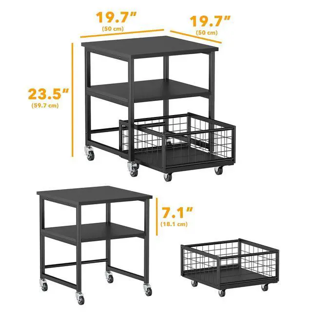 Alt view image 4 of 5 - 3 Tier Mini Fridge Stand with Storage and Wheels, Heavy Duty 19.7x19.7in Mobile Refrigerator Shelf Stand Table, Fridge Cart Organizer with Drawer Basket for Home Dorm Office (Black)