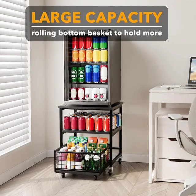 Alt view image 5 of 5 - 3 Tier Mini Fridge Stand with Storage and Wheels, Heavy Duty 19.7x19.7in Mobile Refrigerator Shelf Stand Table, Fridge Cart Organizer with Drawer Basket for Home Dorm Office (Black)