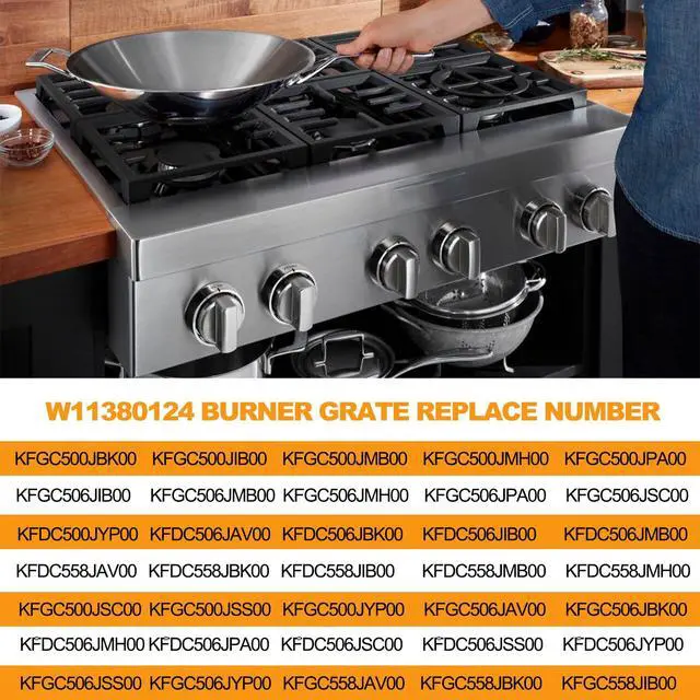 Alt view image 7 of 7 - Upgraded W11380124 Burner Grates Replacement Parts for Kitchenaid Whirlpool Stove Grate 11 x10.8 Cast Iron Gas Stove Top Burner Grate KCGC506JSS00 KFDC558JSS00 Kitchen Aid Range Cooktop Grate
