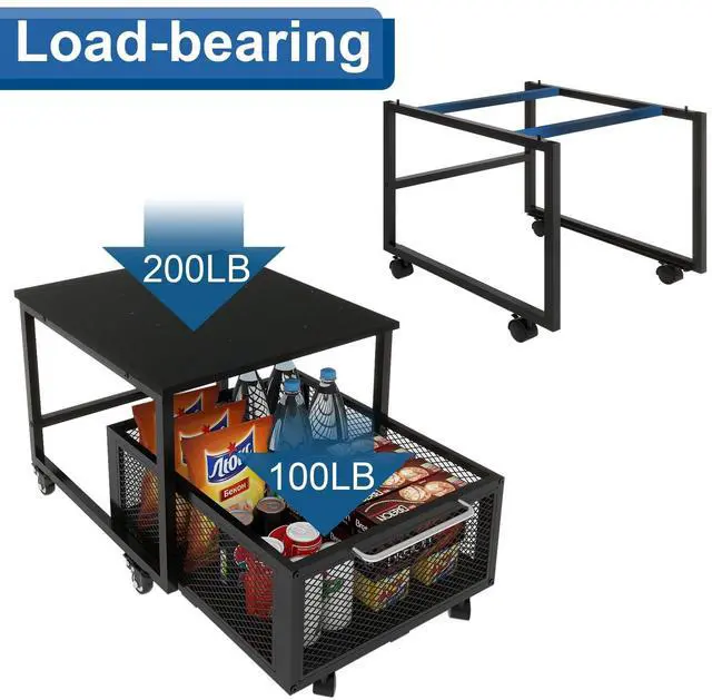 Alt view image 3 of 7 - 19.7" x 23.6" Mini Fridge Stand with Large Capicity Storage, Black | Sturdy Refrigerator Table with Lockable Wheels, Rolling Fridge Cart Heavy Duty Appliance Platform for Dorm, Apartment Bedroom