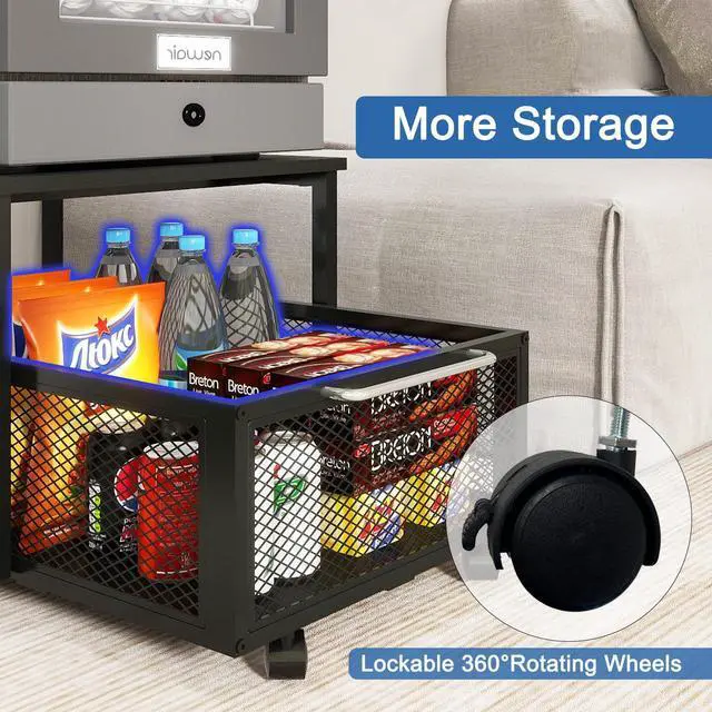 Alt view image 6 of 7 - 19.7" x 23.6" Mini Fridge Stand with Large Capicity Storage, Black | Sturdy Refrigerator Table with Lockable Wheels, Rolling Fridge Cart Heavy Duty Appliance Platform for Dorm, Apartment Bedroom