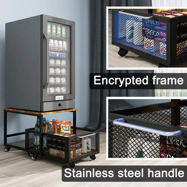 Alt view image 4 of 7 - 19.7" x 23.6" Mini Fridge Stand with Large Capicity Storage, Retro | Sturdy Refrigerator Table with Lockable Wheels, Rolling Fridge Cart Heavy Duty Appliance Platform for Dorm, Apartment Bedroom