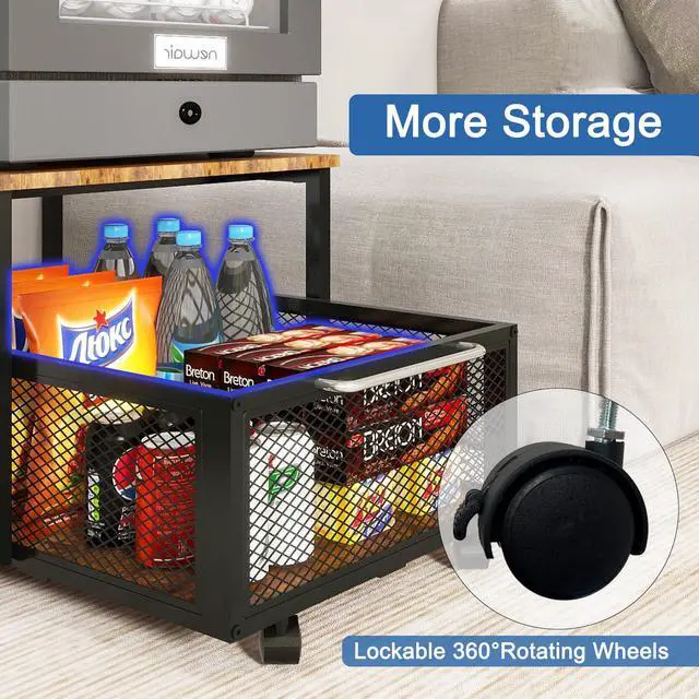 Alt view image 6 of 7 - 19.7" x 23.6" Mini Fridge Stand with Large Capicity Storage, Retro | Sturdy Refrigerator Table with Lockable Wheels, Rolling Fridge Cart Heavy Duty Appliance Platform for Dorm, Apartment Bedroom