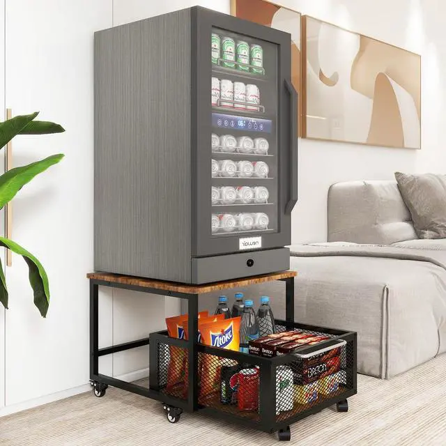 Main image of 19.7" x 23.6" Mini Fridge Stand with Large Capicity Storage, Retro | Sturdy Refrigerator Table with Lockable Wheels, Rolling Fridge Cart Heavy Duty Appliance Platform for Dorm, Apartment Bedroom