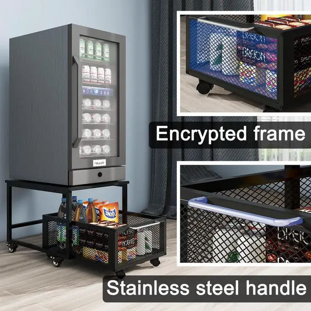 Alt view image 4 of 7 - 19.7" x 23.6" Mini Fridge Stand with Large Capicity Storage, Black | Sturdy Refrigerator Table with Lockable Wheels, Rolling Fridge Cart Heavy Duty Appliance Platform for Dorm, Apartment Bedroom