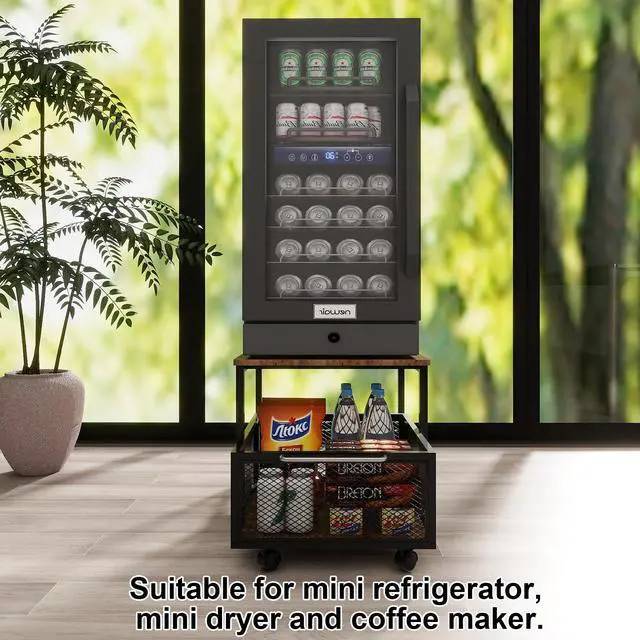 Alt view image 5 of 7 - 19.7" x 23.6" Mini Fridge Stand with Large Capicity Storage, Retro | Sturdy Refrigerator Table with Lockable Wheels, Rolling Fridge Cart Heavy Duty Appliance Platform for Dorm, Apartment Bedroom
