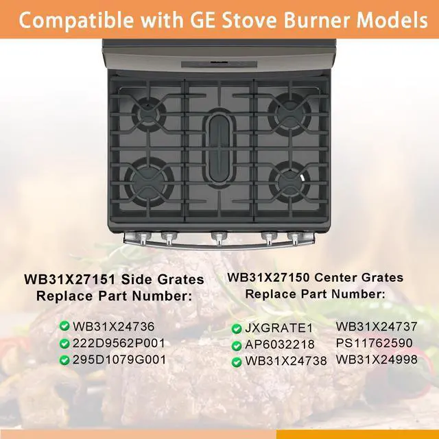 Alt view image 4 of 7 - WB31X27151 Side Grate & WB31X27150 Center Grate for GE Stove | Cast Iron General Electric Cooktop Gas Range Burner Grates for JGBS66REKSS JGB735SPSS, 2+1 Pack Stove Grate