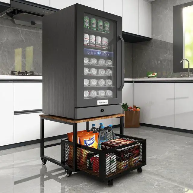 Alt view image 7 of 7 - 19.7" x 23.6" Mini Fridge Stand with Large Capicity Storage, Retro | Sturdy Refrigerator Table with Lockable Wheels, Rolling Fridge Cart Heavy Duty Appliance Platform for Dorm, Apartment Bedroom