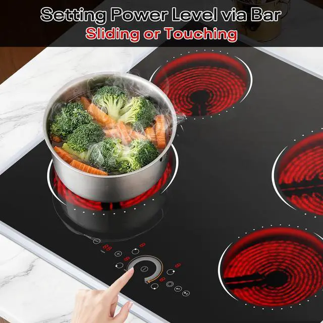 Alt view image 4 of 7 - Hobsir 24 inch Electric Cooktop 6200W, 4 Burner Electric Stove Top, Built-in Circular Slide Ceramic Stove with Glass Metal Frame, Timer, Safety Lock, 220V-240V Burner Hard Wire (No Plug)