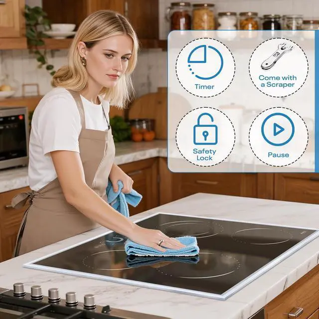 Alt view image 5 of 7 - Hobsir 24 inch Electric Cooktop 6200W, 4 Burner Electric Stove Top, Built-in Circular Slide Ceramic Stove with Glass Metal Frame, Timer, Safety Lock, 220V-240V Burner Hard Wire (No Plug)