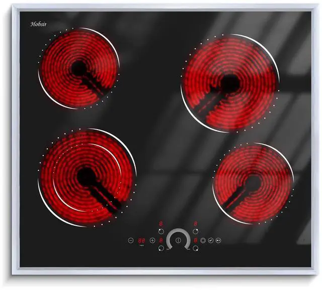 Main image of Hobsir 24 inch Electric Cooktop 6200W, 4 Burner Electric Stove Top, Built-in Circular Slide Ceramic Stove with Glass Metal Frame, Timer, Safety Lock, 220V-240V Burner Hard Wire (No Plug)