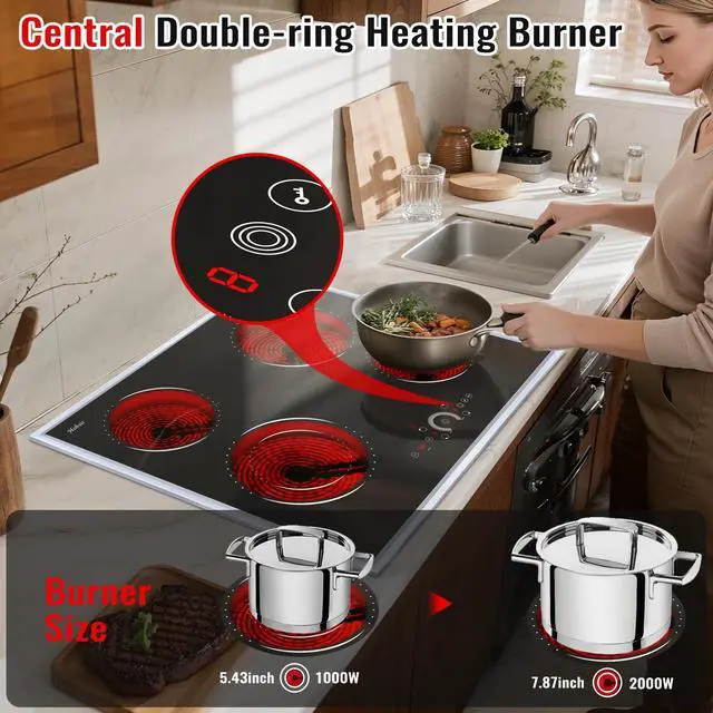 Alt view image 3 of 7 - Hobsir 24 inch Electric Cooktop 6200W, 4 Burner Electric Stove Top, Built-in Circular Slide Ceramic Stove with Glass Metal Frame, Timer, Safety Lock, 220V-240V Burner Hard Wire (No Plug)