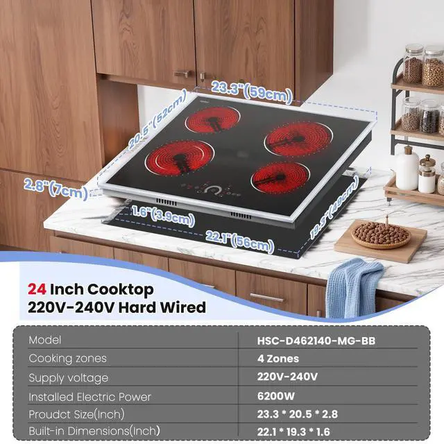 Alt view image 6 of 7 - Hobsir 24 inch Electric Cooktop 6200W, 4 Burner Electric Stove Top, Built-in Circular Slide Ceramic Stove with Glass Metal Frame, Timer, Safety Lock, 220V-240V Burner Hard Wire (No Plug)