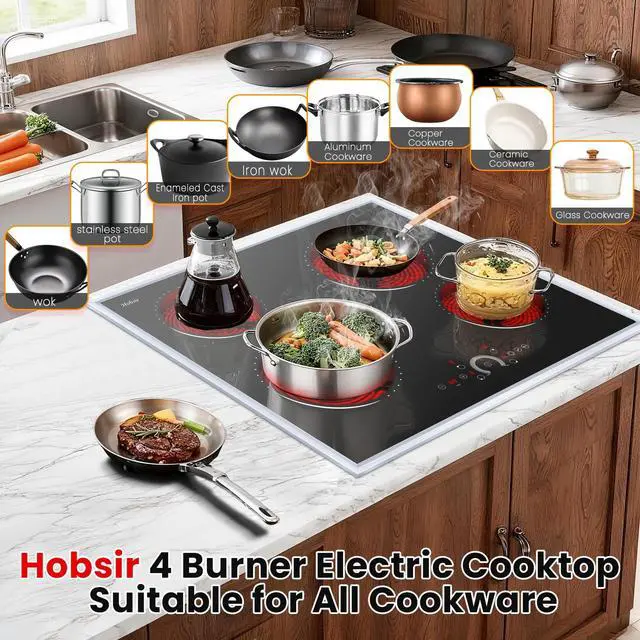 Alt view image 7 of 7 - Hobsir 24 inch Electric Cooktop 6200W, 4 Burner Electric Stove Top, Built-in Circular Slide Ceramic Stove with Glass Metal Frame, Timer, Safety Lock, 220V-240V Burner Hard Wire (No Plug)