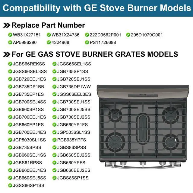 Alt view image 2 of 7 - WB31X27151 Side Grate & WB31X24738 Center Griddle Plate Kit Replacement Parts for GE Stoves, General Electric Gas Range Burner Grate for JGBS66REKSS JGB735SPSS JGBS86SPSS, 2+1 Pack