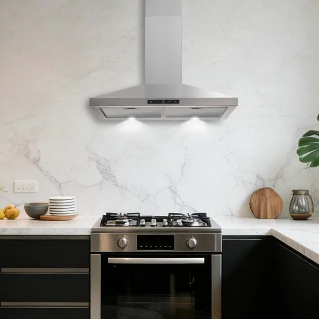 Alt view image 2 of 6 - 30 inch Wall Mount Range Hood Stainless Steel, 460 CFM Quiet Kitchen Vent Hood with Touch Control LED Lights, 3 Speed Exhaust Fan Ducted/Ductless Convertible, Dishwasher-Safe Baffle Filters