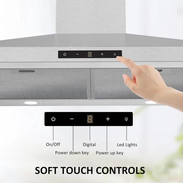 Alt view image 3 of 6 - 30 inch Wall Mount Range Hood Stainless Steel, 460 CFM Quiet Kitchen Vent Hood with Touch Control LED Lights, 3 Speed Exhaust Fan Ducted/Ductless Convertible, Dishwasher-Safe Baffle Filters