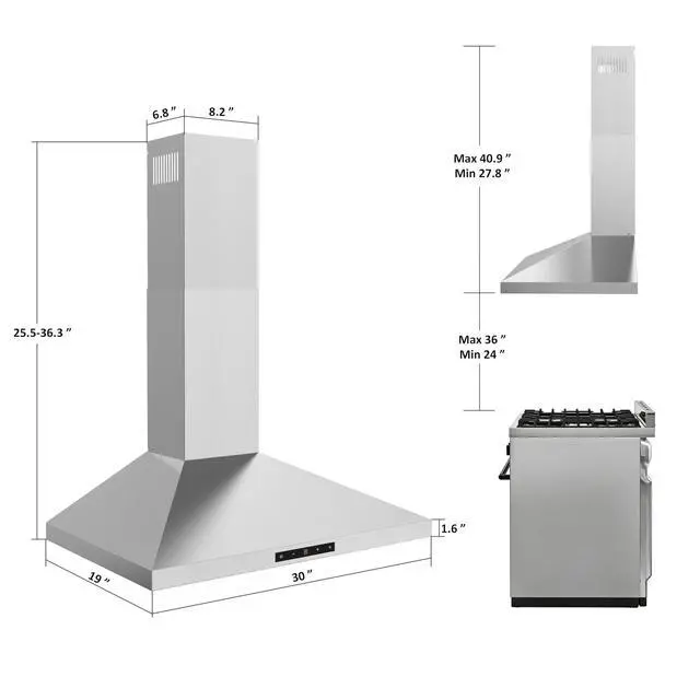 Alt view image 4 of 6 - 30 inch Wall Mount Range Hood Stainless Steel, 460 CFM Quiet Kitchen Vent Hood with Touch Control LED Lights, 3 Speed Exhaust Fan Ducted/Ductless Convertible, Dishwasher-Safe Baffle Filters