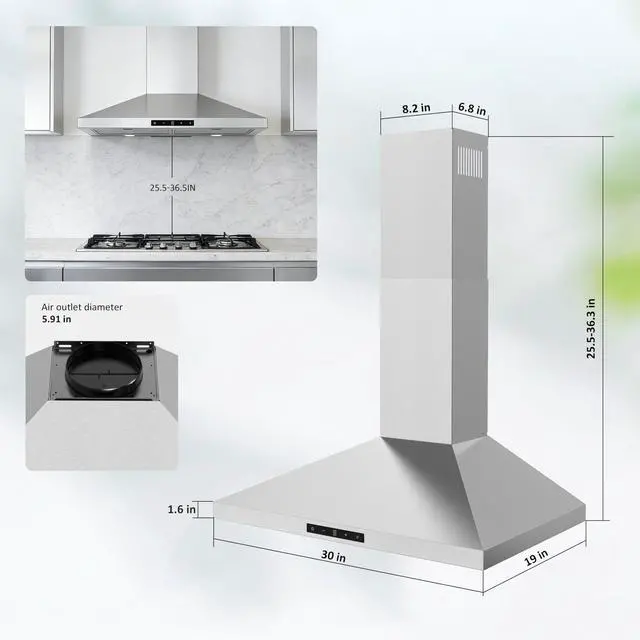 Alt view image 6 of 6 - 30 inch Wall Mount Range Hood Stainless Steel, 460 CFM Quiet Kitchen Vent Hood with Touch Control LED Lights, 3 Speed Exhaust Fan Ducted/Ductless Convertible, Dishwasher-Safe Baffle Filters
