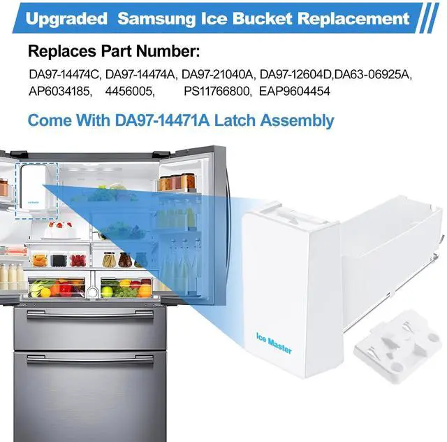 Alt view image 3 of 7 - Upgraded DA97-14474C Ice Bucket Compatible with Samsung Ice Maker DA97-14474A Samsung Ice Bucket Replacement DA97-12604D RF28HMEDBSR RF265BEAESR RF263BEAESR RF25HMEDBSR Ice Maker Tray Ice Container