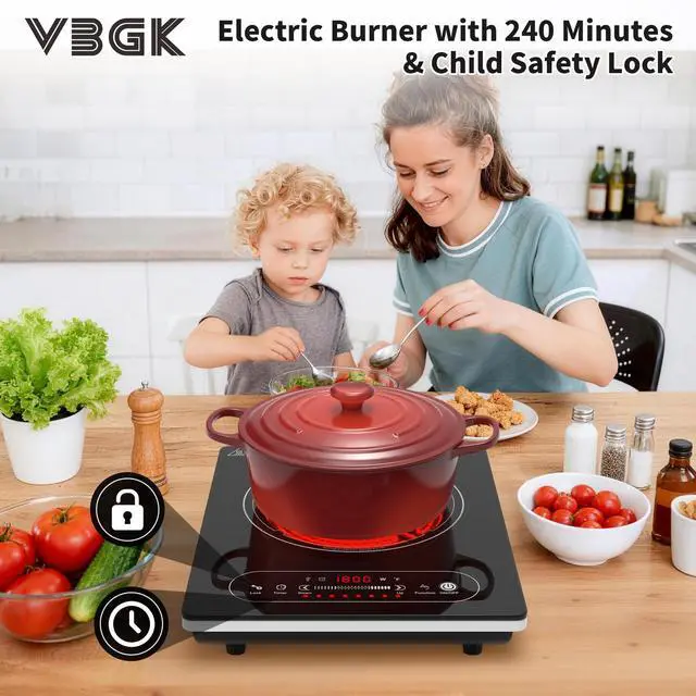 Alt view image 2 of 7 - Single Burner Electric Cooktop,110V 1800W Electric Stove Top with LED Touch Control,8 Power Levels, 4H Timer, Safety Lock,portable single burner cooktop Overheat protection