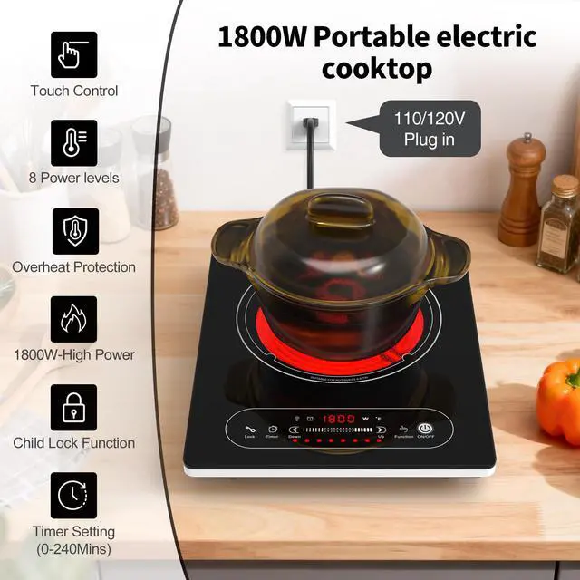 Alt view image 3 of 7 - Single Burner Electric Cooktop,110V 1800W Electric Stove Top with LED Touch Control,8 Power Levels, 4H Timer, Safety Lock,portable single burner cooktop Overheat protection