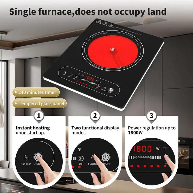 Alt view image 5 of 7 - Single Burner Electric Cooktop,110V 1800W Electric Stove Top with LED Touch Control,8 Power Levels, 4H Timer, Safety Lock,portable single burner cooktop Overheat protection