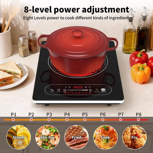 Alt view image 6 of 7 - Single Burner Electric Cooktop,110V 1800W Electric Stove Top with LED Touch Control,8 Power Levels, 4H Timer, Safety Lock,portable single burner cooktop Overheat protection