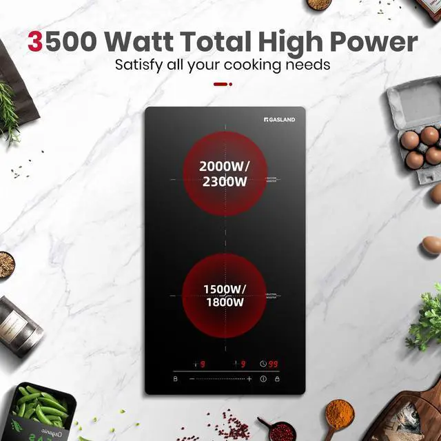 Alt view image 2 of 7 - 12 Inch Built-in Induction Cooktop, 2 Burner with Boost, 220V | ETL Certified, 3500W Fast Heating, 9 Power Levels, Slide Touch Control, Timer & Child Lock, Ideal for Small Kitchens