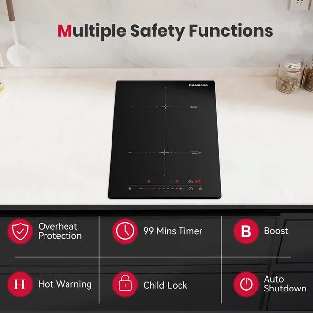 Alt view image 6 of 7 - 12 Inch Built-in Induction Cooktop, 2 Burner with Boost, 220V | ETL Certified, 3500W Fast Heating, 9 Power Levels, Slide Touch Control, Timer & Child Lock, Ideal for Small Kitchens