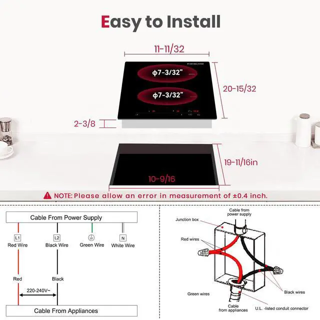 Alt view image 7 of 7 - 12 Inch Built-in Induction Cooktop, 2 Burner with Boost, 220V | ETL Certified, 3500W Fast Heating, 9 Power Levels, Slide Touch Control, Timer & Child Lock, Ideal for Small Kitchens