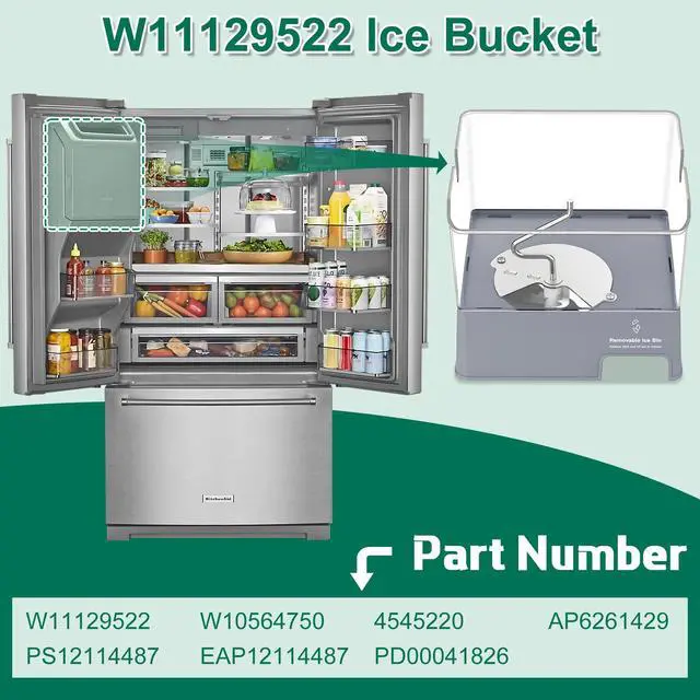 Alt view image 2 of 7 - Upgraded W11129522 Refrigerator Ice Bucket Compatible with Whirlpool Ice Maker Tray Replacement W10564750 Whirlpool Removable Ice Bin Bucket Parts KRMF706ESS05 KRFF707ESS01 Ice Maker Replacement