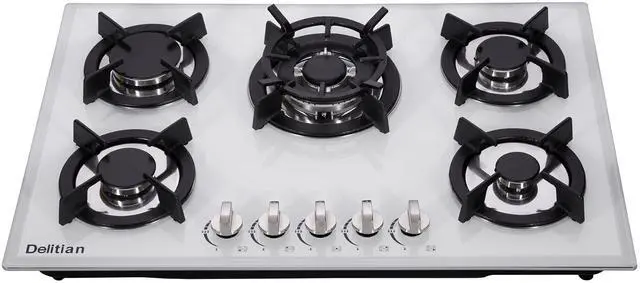 Main image of 30 Inch Gas Cooktop DTW5701 White Tempered Glass Stovetop, 5 Burners LPG/NG Convertible Stove Thermocouple Protection Cooktop