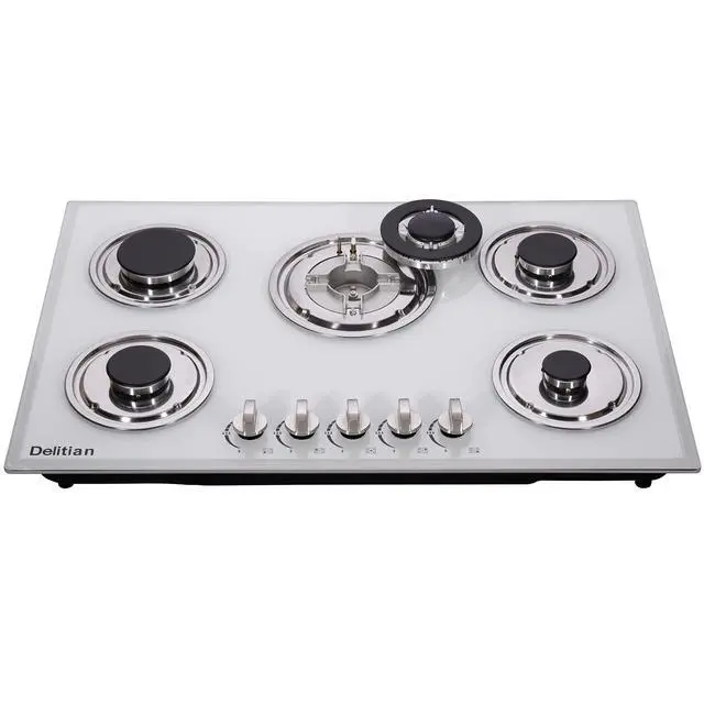 Alt view image 4 of 6 - 30 Inch Gas Cooktop DTW5701 White Tempered Glass Stovetop, 5 Burners LPG/NG Convertible Stove Thermocouple Protection Cooktop