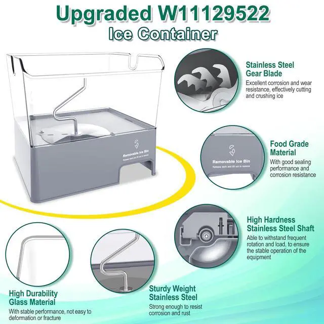 Alt view image 4 of 7 - Upgraded W11129522 Refrigerator Ice Bucket Compatible with Whirlpool Ice Maker Tray Replacement W10564750 Whirlpool Removable Ice Bin Bucket Parts KRMF706ESS05 KRFF707ESS01 Ice Maker Replacement