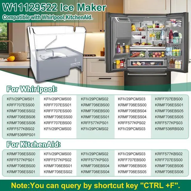 Alt view image 6 of 7 - Upgraded W11129522 Refrigerator Ice Bucket Compatible with Whirlpool Ice Maker Tray Replacement W10564750 Whirlpool Removable Ice Bin Bucket Parts KRMF706ESS05 KRFF707ESS01 Ice Maker Replacement