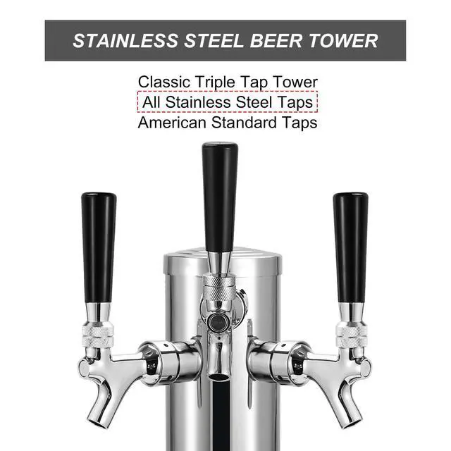 Alt view image 2 of 7 - All Stainless Steel Kegerator Tower Triple Taps Beer Tower Dispenser, 3" Keg Tower Stainless Steel Tower Faucet Kegerator Parts Kit, 3 Tap Tower Kit with Pre-assembled Lines Barb Brush Wrench