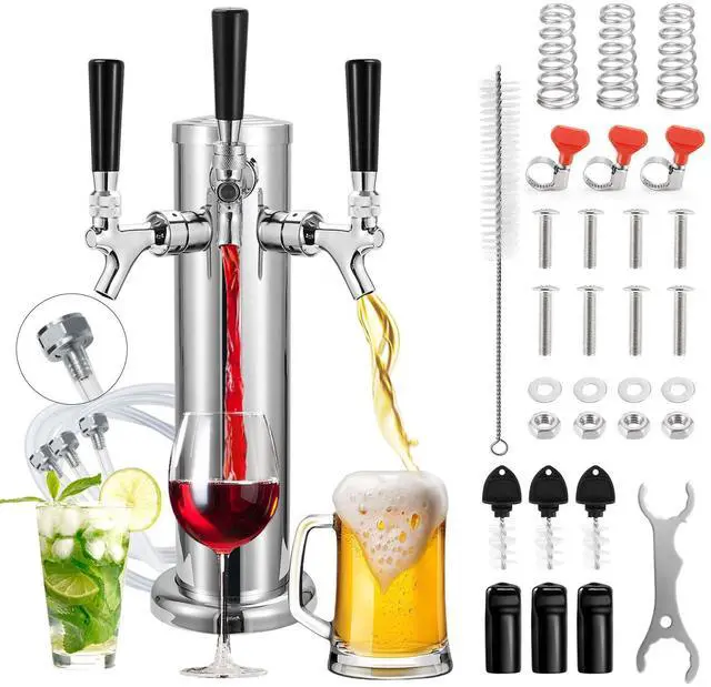 Main image of All Stainless Steel Kegerator Tower Triple Taps Beer Tower Dispenser, 3" Keg Tower Stainless Steel Tower Faucet Kegerator Parts Kit, 3 Tap Tower Kit with Pre-assembled Lines Barb Brush Wrench