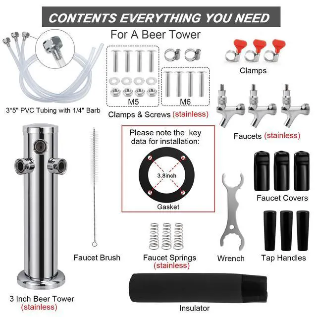 Alt view image 3 of 7 - All Stainless Steel Kegerator Tower Triple Taps Beer Tower Dispenser, 3" Keg Tower Stainless Steel Tower Faucet Kegerator Parts Kit, 3 Tap Tower Kit with Pre-assembled Lines Barb Brush Wrench