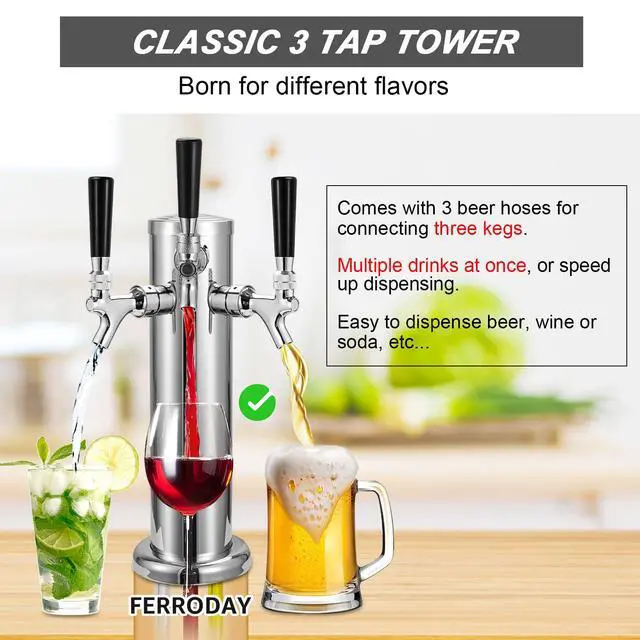 Alt view image 4 of 7 - All Stainless Steel Kegerator Tower Triple Taps Beer Tower Dispenser, 3" Keg Tower Stainless Steel Tower Faucet Kegerator Parts Kit, 3 Tap Tower Kit with Pre-assembled Lines Barb Brush Wrench