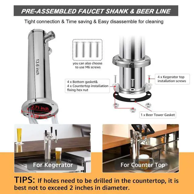 Alt view image 5 of 7 - All Stainless Steel Kegerator Tower Triple Taps Beer Tower Dispenser, 3" Keg Tower Stainless Steel Tower Faucet Kegerator Parts Kit, 3 Tap Tower Kit with Pre-assembled Lines Barb Brush Wrench