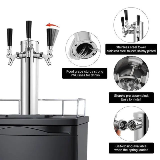 Alt view image 6 of 7 - All Stainless Steel Kegerator Tower Triple Taps Beer Tower Dispenser, 3" Keg Tower Stainless Steel Tower Faucet Kegerator Parts Kit, 3 Tap Tower Kit with Pre-assembled Lines Barb Brush Wrench
