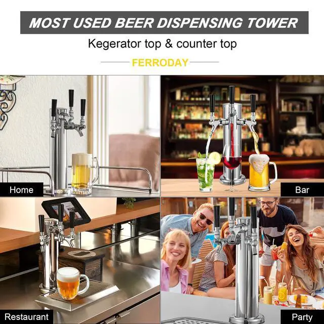 Alt view image 7 of 7 - All Stainless Steel Kegerator Tower Triple Taps Beer Tower Dispenser, 3" Keg Tower Stainless Steel Tower Faucet Kegerator Parts Kit, 3 Tap Tower Kit with Pre-assembled Lines Barb Brush Wrench