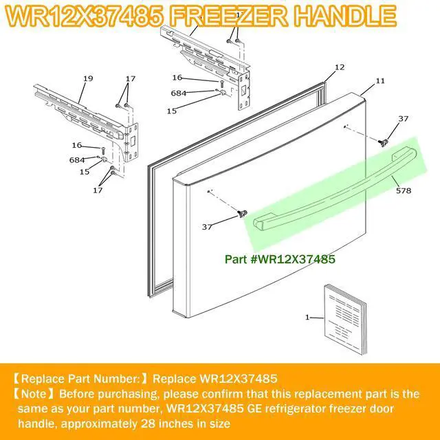 Alt view image 2 of 7 - WR12X37485 Stainless Steel Freezer Door Handle - Direct Replacement for GE Refrigerator, Replaces PD00074459 4975820 AP7018698 PS16554855 EAP16554855.Fits GWE19JMLWFES GYE18JYLFFFS GNE25JYKGFFS