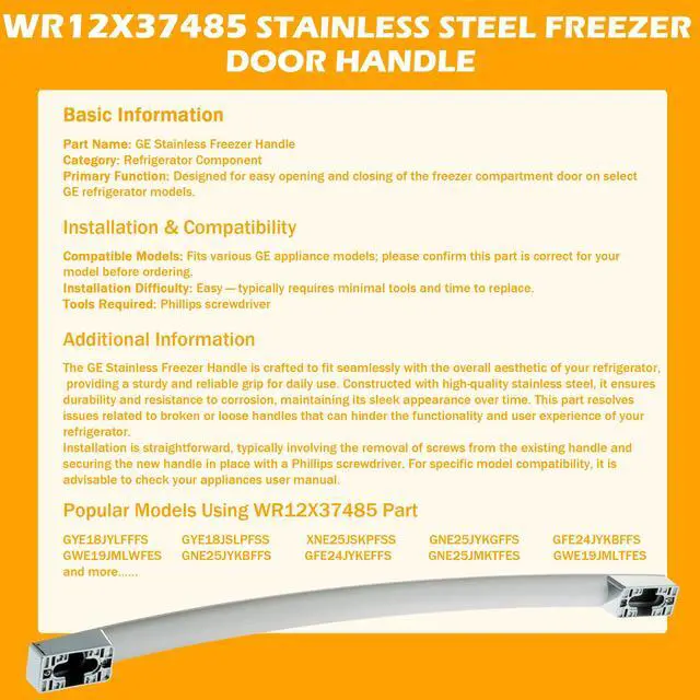Alt view image 3 of 7 - WR12X37485 Stainless Steel Freezer Door Handle - Direct Replacement for GE Refrigerator, Replaces PD00074459 4975820 AP7018698 PS16554855 EAP16554855.Fits GWE19JMLWFES GYE18JYLFFFS GNE25JYKGFFS