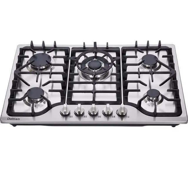 Alt view image 2 of 7 - 30 Inch Gas Cooktop DT57043 Built-in Stainless Steel 5 Burners Gas Stovetop LPG/NG Convertible Dual Fuel Gas Hob