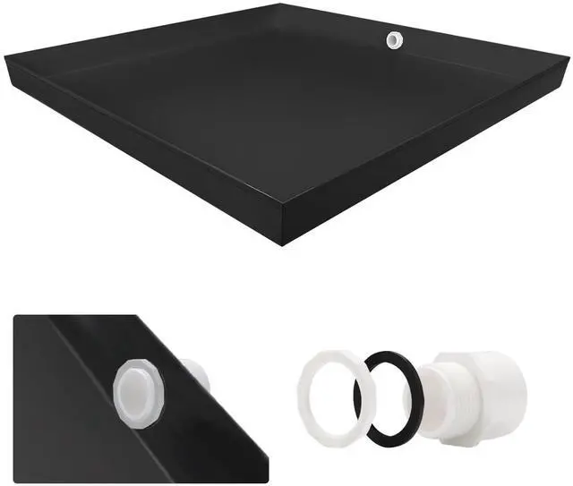 Main image of Heavy Duty Washing Machine Drain Pan 19 Guage Thick Stainless Steel 32X30X2-1/2in, Including 1" Drain Fittings (Matte Black)