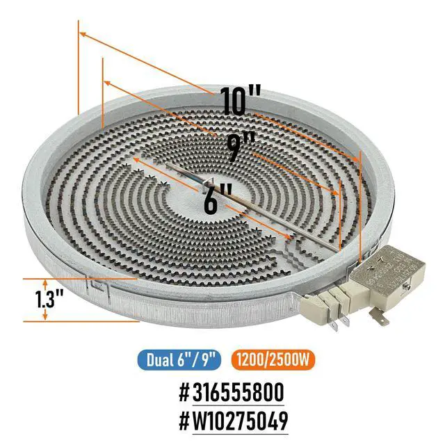 Alt view image 2 of 6 - 316555800, W10275049 Range Dual Radiant Surface Element Heater 6/9 Inch, 2500W/1200W Compatible with Whirlpool Frigidaire, Replaces 316224300, 316418400, 316418401, 318198932, WPW10275049, W10173896
