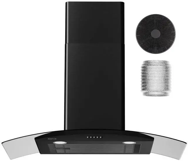 Main image of 30 Inch Black Range Hood Wall Mounted Curved Glass Range Hoods with 450 CFM, Stainless Steel kitchen Ductless/Ducted Convertible with 3 Speed Controls, Permanent Baffle Filters and 2 LED Lights